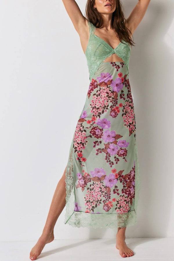 Floral Print Lace Patchwork Hollow-out Slim-fit Midi Dress-consonak