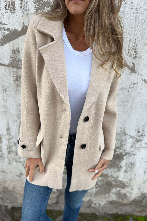 Solid Color Casual Lapel Long Sleeve Loose Woolen Jacket-consonak