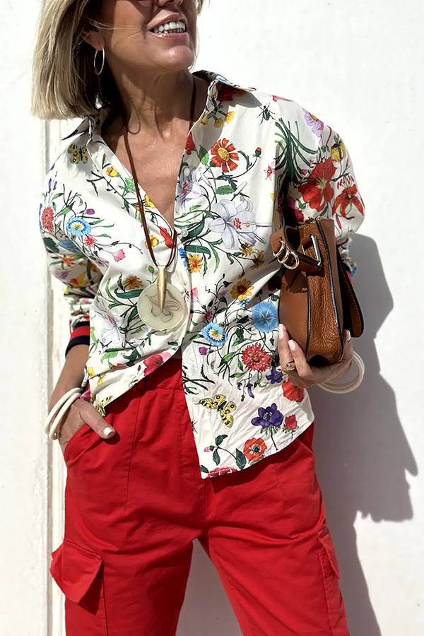 Fabulous Fiesta Satin Floral Unique Print Button Down Oversized Blouse | Consonak