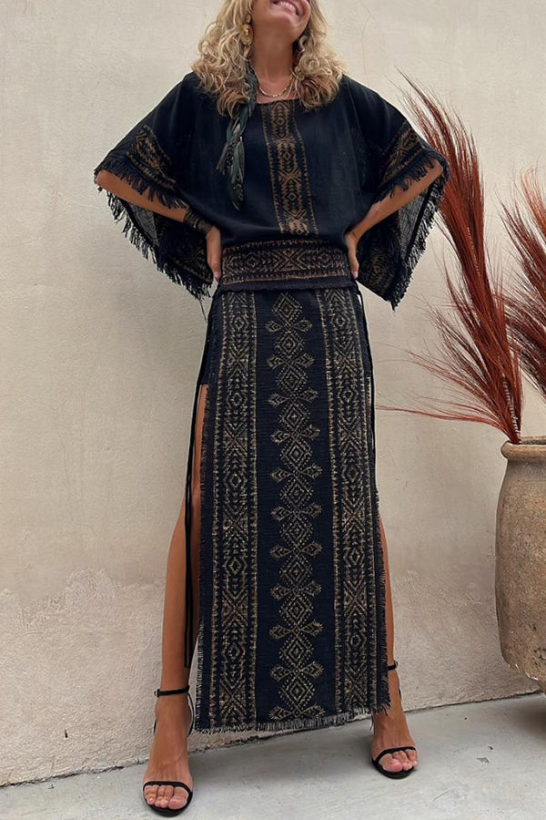 Alana Linen Blend Ethnic Print Patchwork Side Lace-up Maxi Skirt-consonak