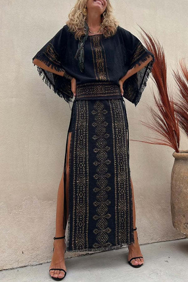 Alana Linen Blend Ethnic Print Patchwork Side Lace-up Maxi Skirt-consonak