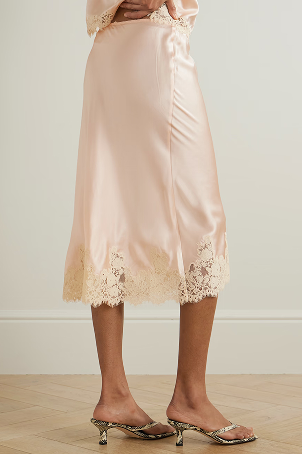 Celebration Look Contrast Color Satin Lace Trim Elastic Waist Drape Midi Skirt | Consonak