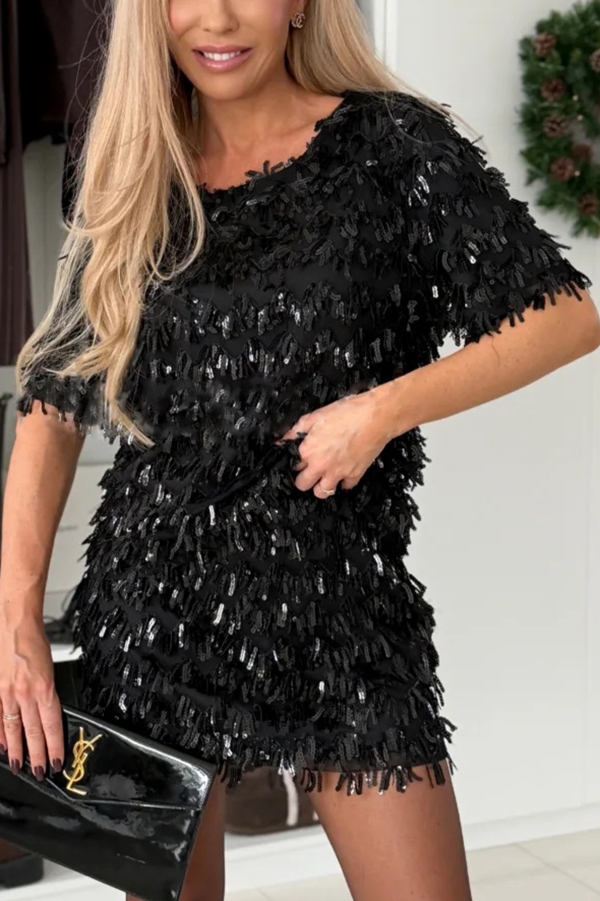 Polished Uptown Sequin Tassel Round Neck Short Sleeve Top and Elastic Waist Mini Skirt Set-consonak