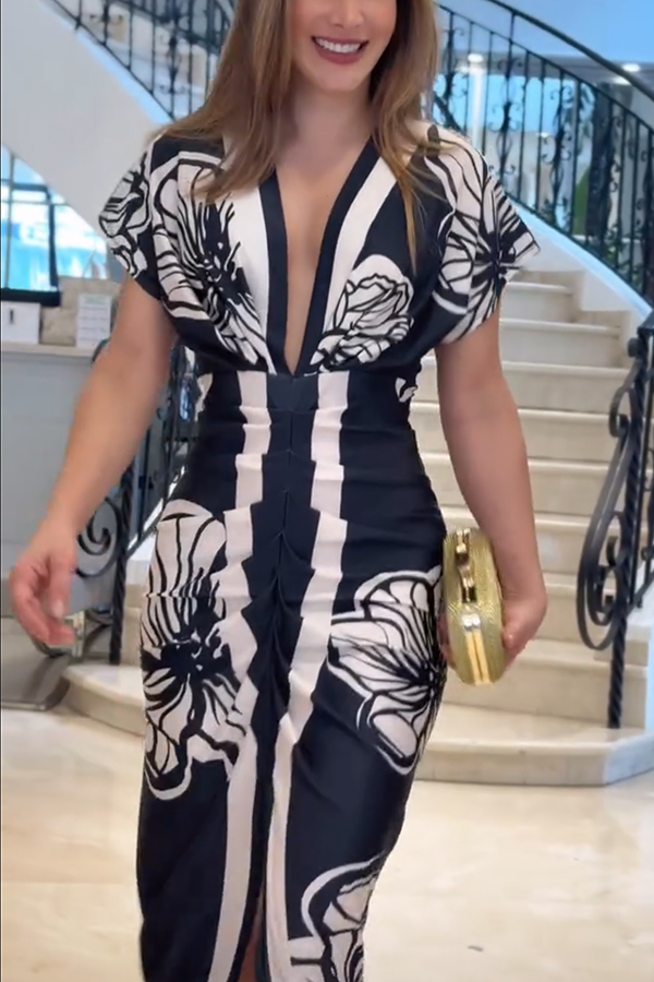 Brazilian Style Unique Print Dolman Long Sleeve Ruched Slit Midi Dress  Vestidos-consonak