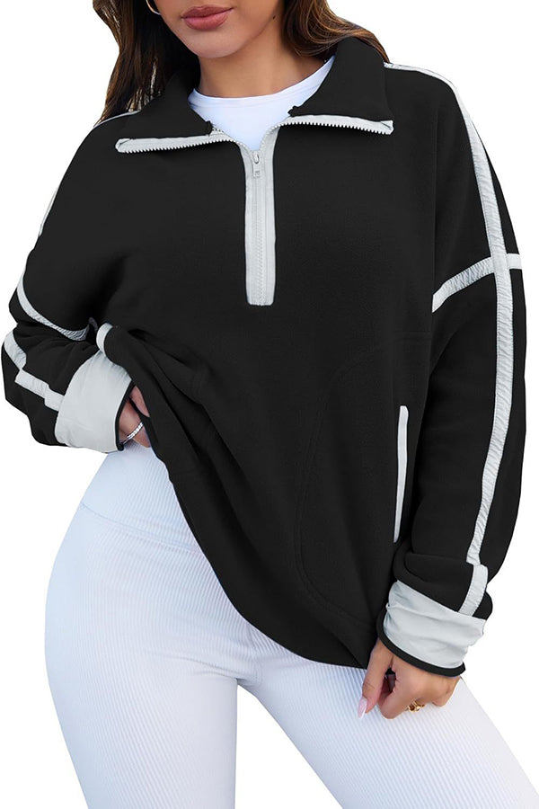 Stylish Color-blocked Trim Loose Casual Pocket Sweatshirt-consonak