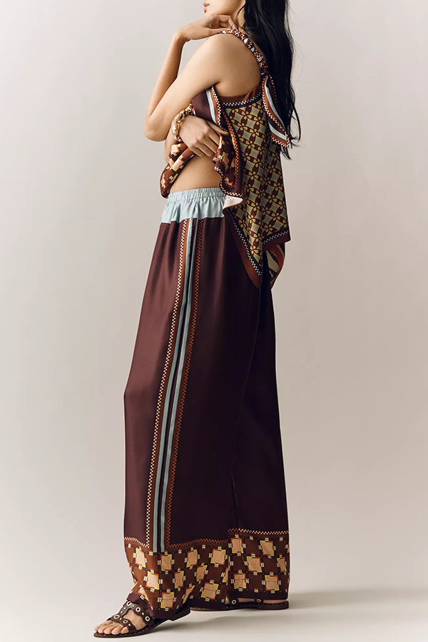 Wilson Satin Unique ColorBlock Print Scarf Top and Elastic Waist Pocket Wide Leg Pants Set-consonak