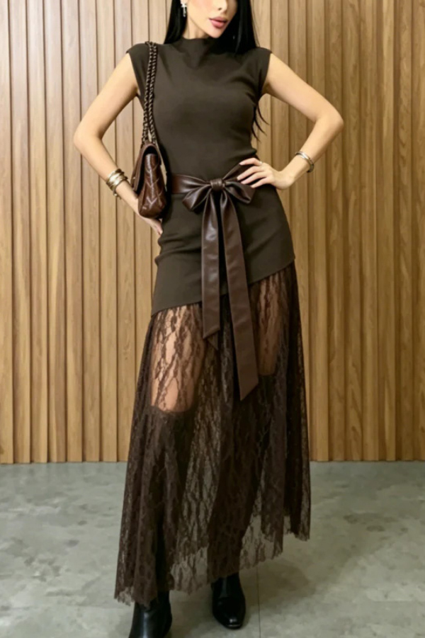 Stylish Sleeveless Spliced ​​lace Hem Elegant Slim-fit Maxi Dress
