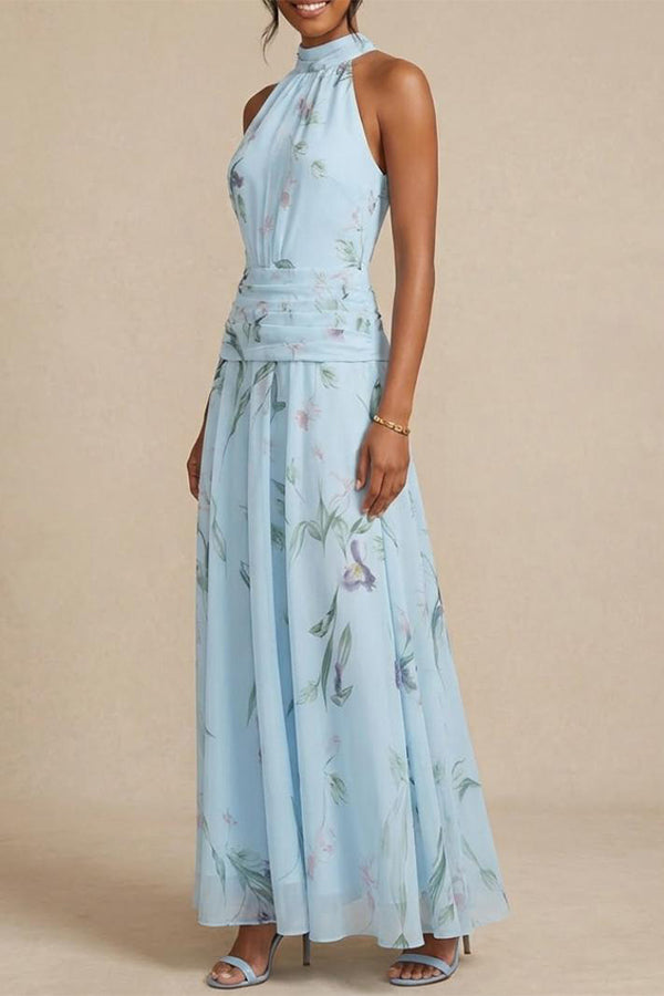 Aria Ruched Halter Floral Dress-Consonak