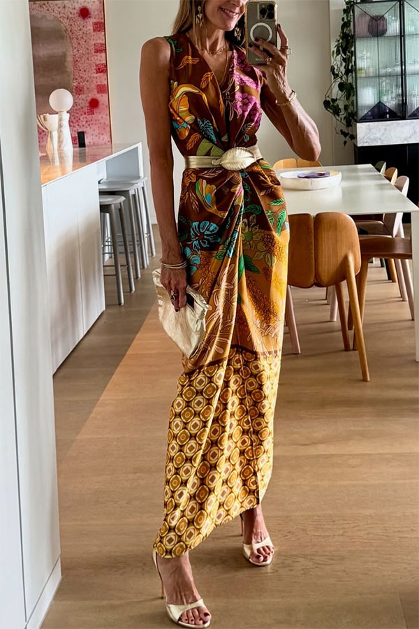 Naturally Inspired Satin Unique Floral Print Twist Waist Slit Drape Maxi Dress-consonak