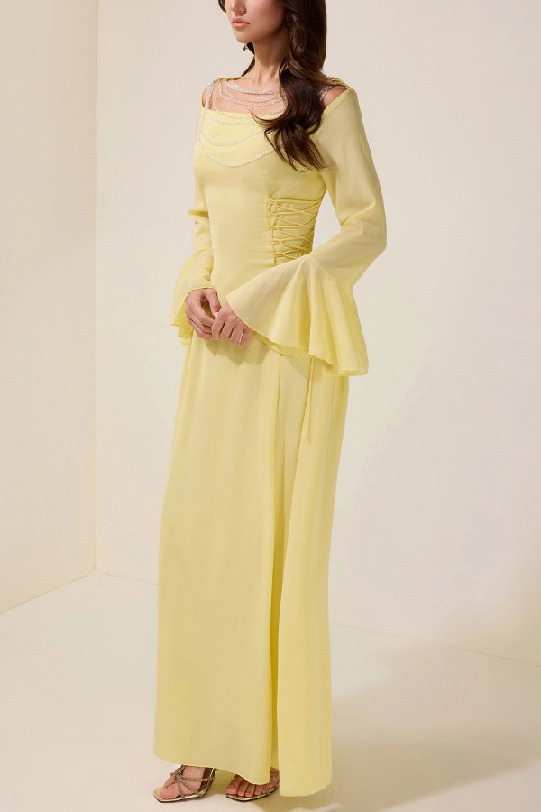 Fashionable Beaded Long-sleeved Square-neck Fitted Waist Tie Maxi Dress-consonak
