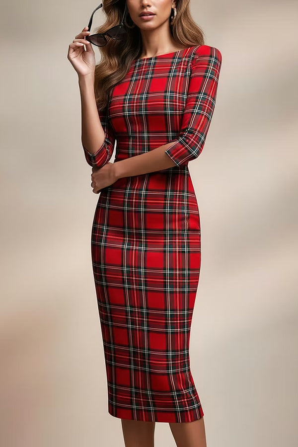Plaid Print Half Sleeves Fitted Elegant Midi Dress-consonak