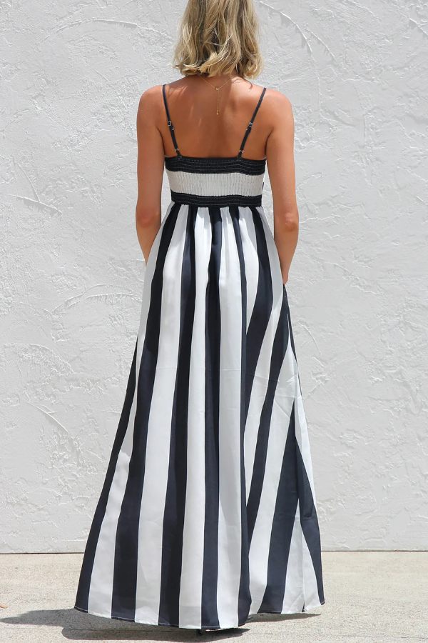 Color-blocked Striped Print Square Neck Suspender Casual Pocket Maxi Dress | Consonak