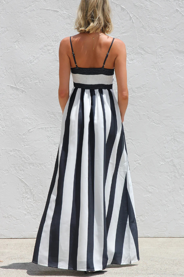 Color-blocked Striped Print Square Neck Suspender Casual Pocket Maxi Dress