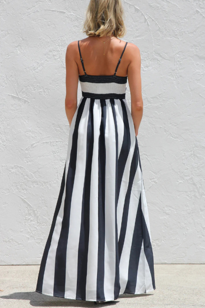 Color-blocked Striped Print Square Neck Suspender Casual Pocket Maxi Dress