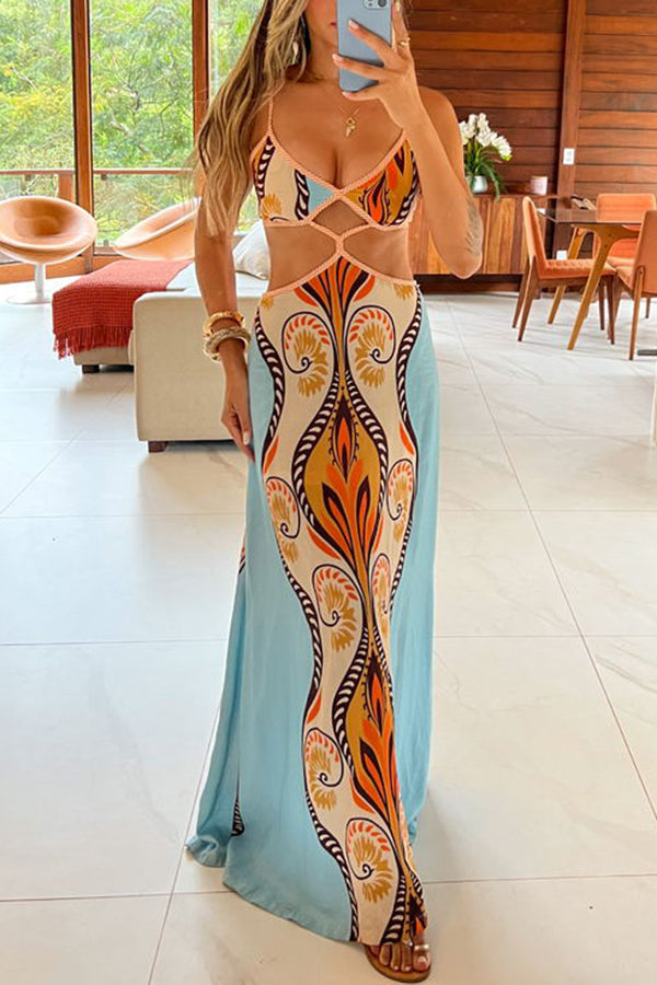 Summer Symphony Linen Blend Ethnic Unique Print Cutout Waist Back Tie-up Maxi Dress | Consonak