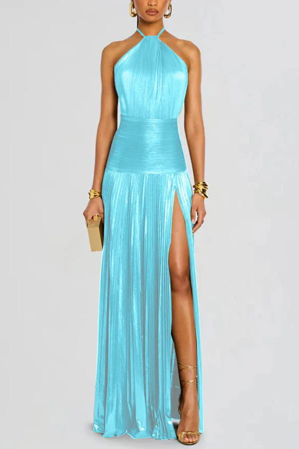 Glamorous Metallic Pleated Fabric Open Back Halter Slit Maxi Dress | Consonak
