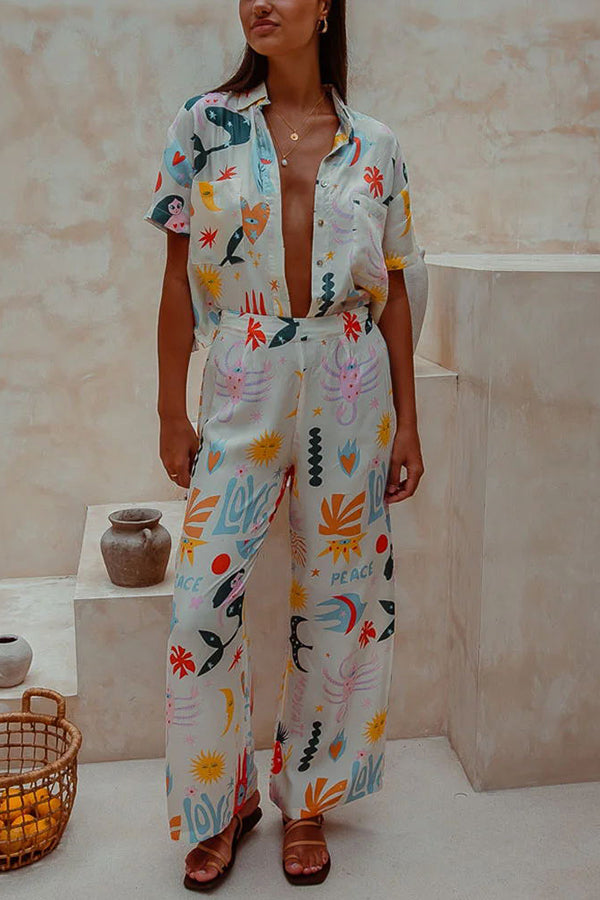 Abstract Sea Creature Print Button Pockets Elastic Waist Pant Suit-consonak