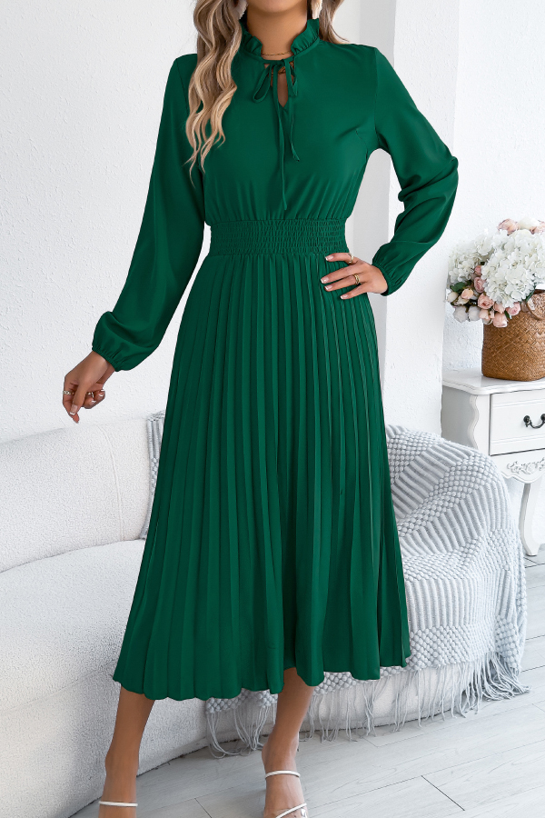 Solid Color Long-sleeved Fitted Waist Pleated Elegant Midi Dress-consonak