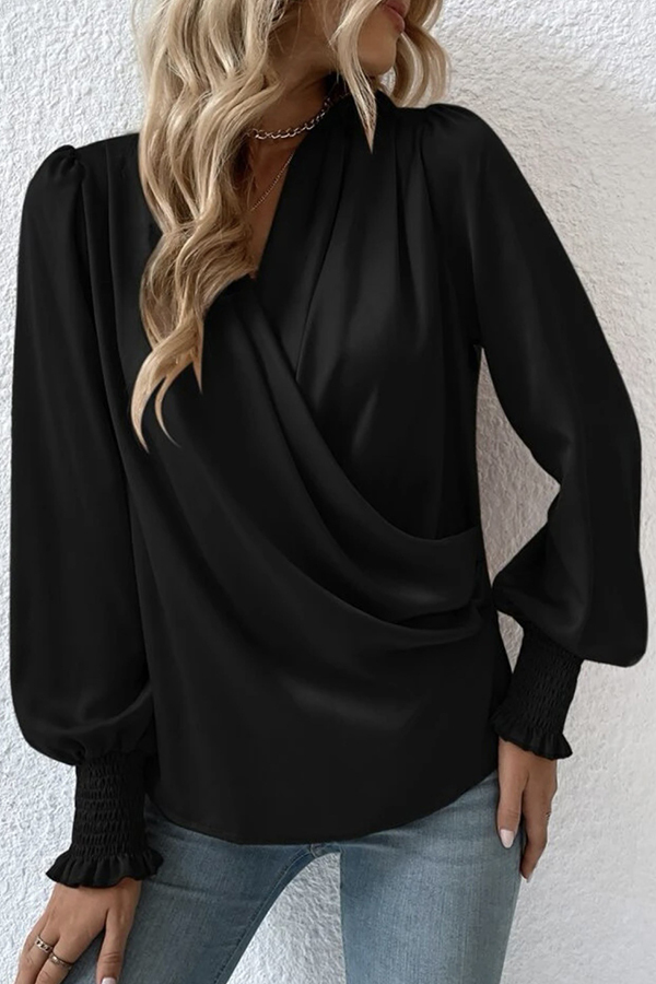 Satin Solid Color V-neck Lantern Sleeve Elegant Loose Shirt-consonak