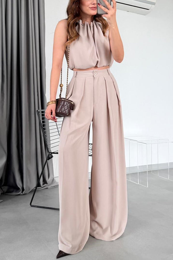 Macie Pleated High Neck Sleeveless Top and High Rise Pocket Wide Leg Pants Set
