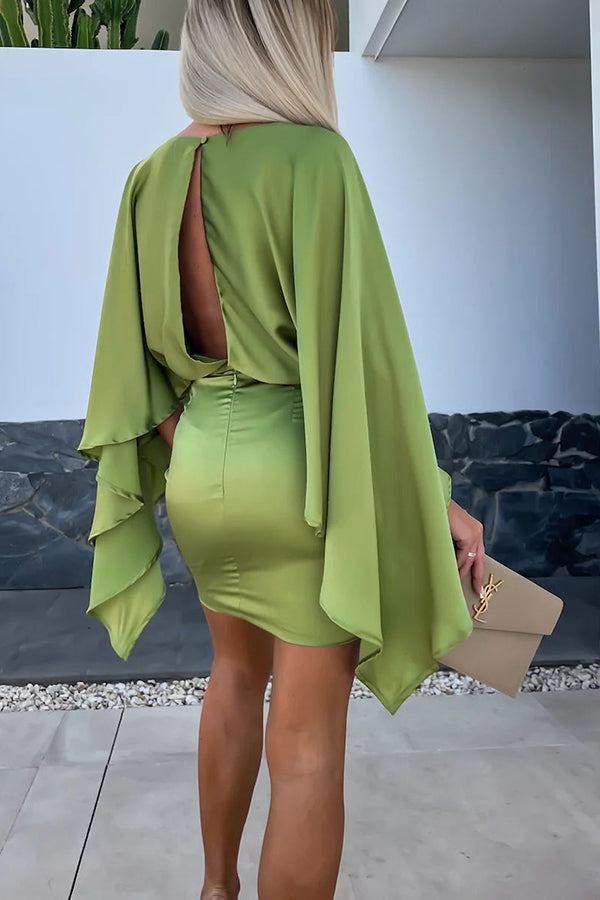 Beautiful Wings Satin Butterfly Sleeves Elastic Waist Formal Mini Dress-consonak