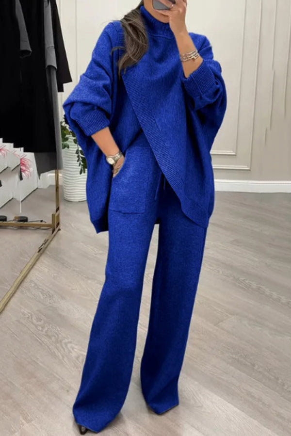 Solid Color Loose-fitting Turtleneck Knit Top and Elastic Waist Casual Pocket Straight Leg Pants-Consonak