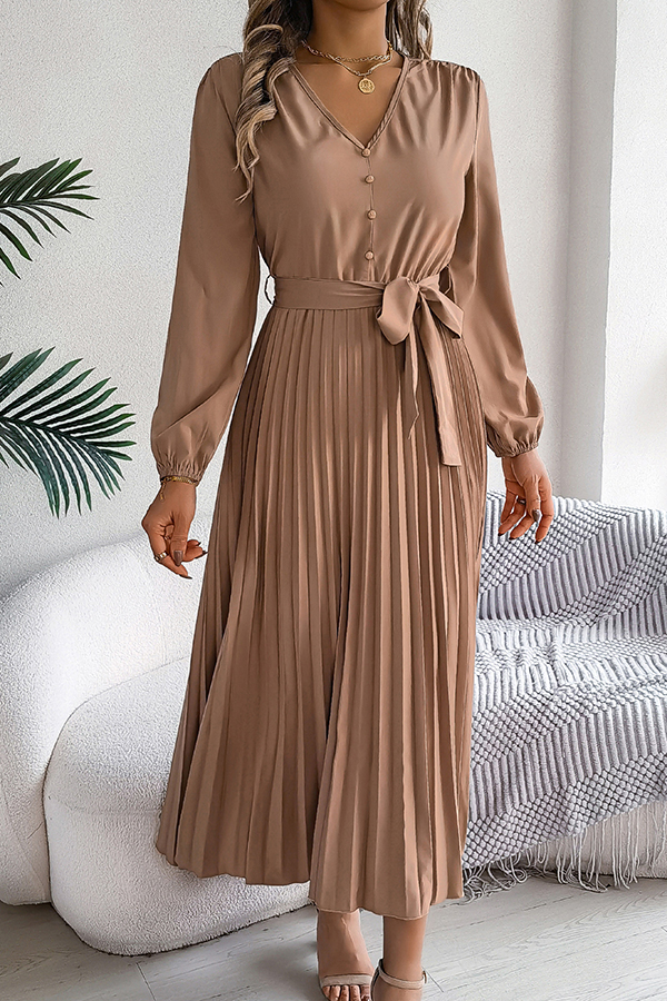 Solid Color Elegant V-neck Buttoned Lace-up Pleated Maxi Dress-consonak