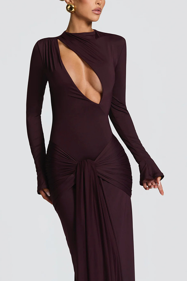 Sexy Cutout Fitted Long-sleeved Pleated Satin Ribbon Maxi Dresses-consonak