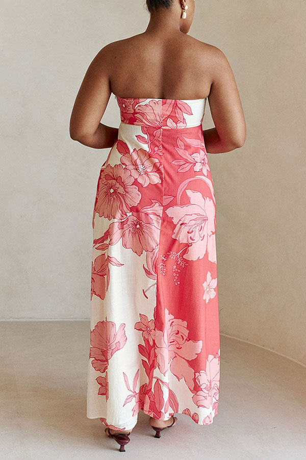 Flora Sunset Linen Blend Printed Front Slit Strapless Midi Top and High Rise Pocket Loose Pants Set