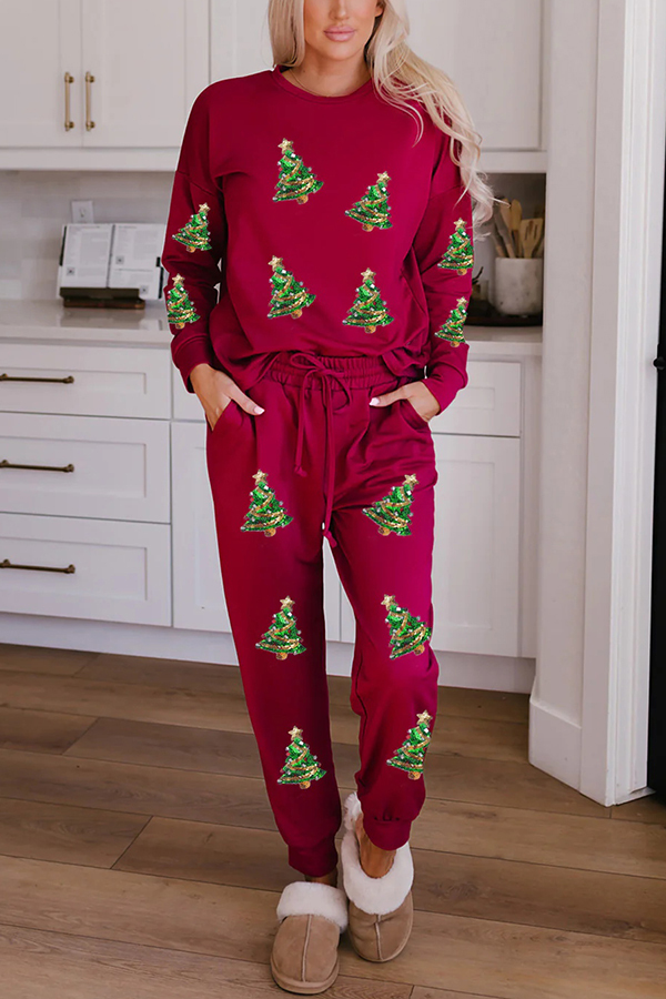 Christmas Sequin Long Sleeve Top and Elastic Waist Tie Pocket Pants Set-consonak