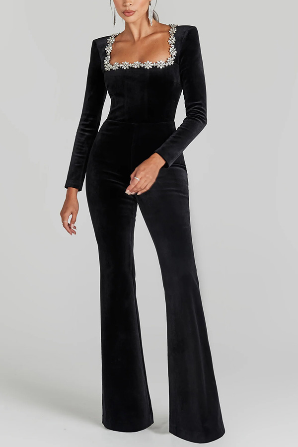 Classic Charm Velvet Jewel Embellished Trim Long Sleeve Flare Jumpsuit | Consonak