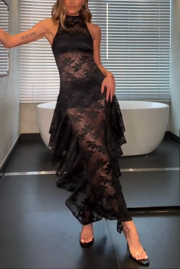 Fashionable Sheer Lace Sleeveless Fitted Ruffled Irregular Midi Dress