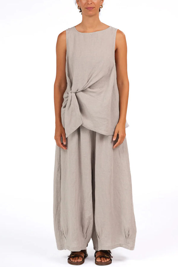 So Comfortable Linen Blend Knotted Top and Elastic Waist Pocket Wide Leg Pants Set-consonak