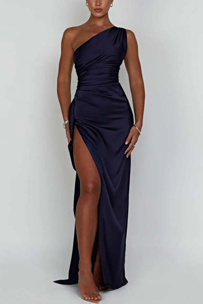 Fits Your Curves Satin One Shoulder Drape Slit Maxi Dress-consonak