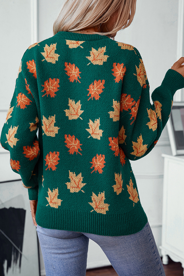 Maple Leaf Pattern Casual Loose Knitted Sweater-consonak
