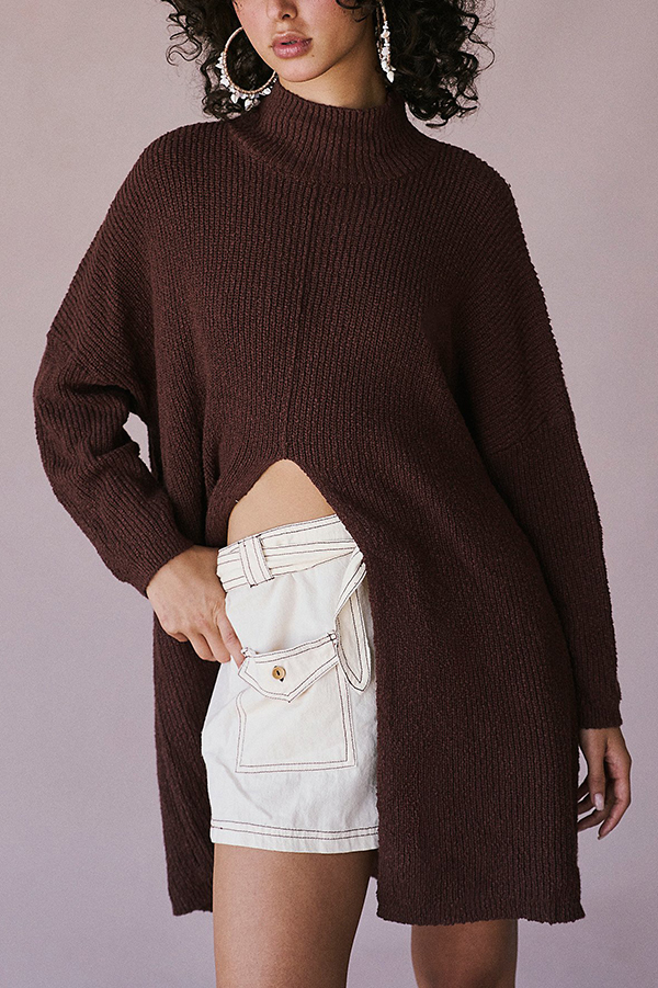 Solid Color Long Sleeve Slit Knitted Sweater-consonak