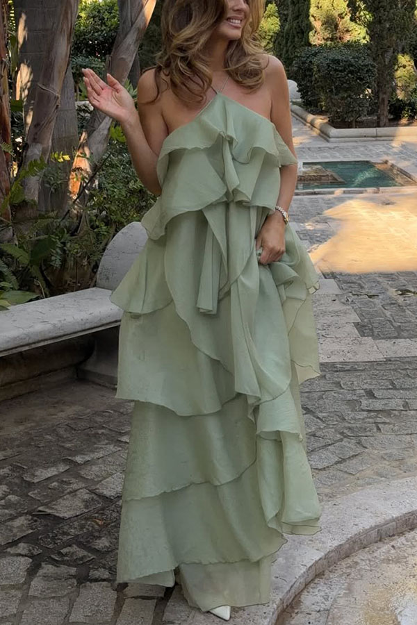Romantic Summer Chiffon Tiered Ruffle Deep V-Back Halter A-line Maxi Design | Consonak