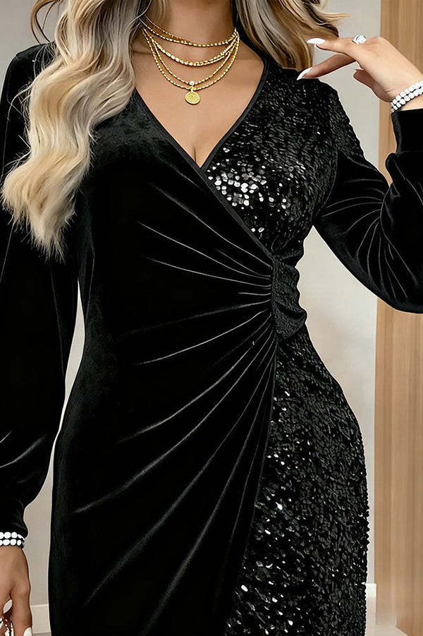 Fashionable Velvet Sequined V-neck Long-sleeved Slim-fit Mini Dress-consonak