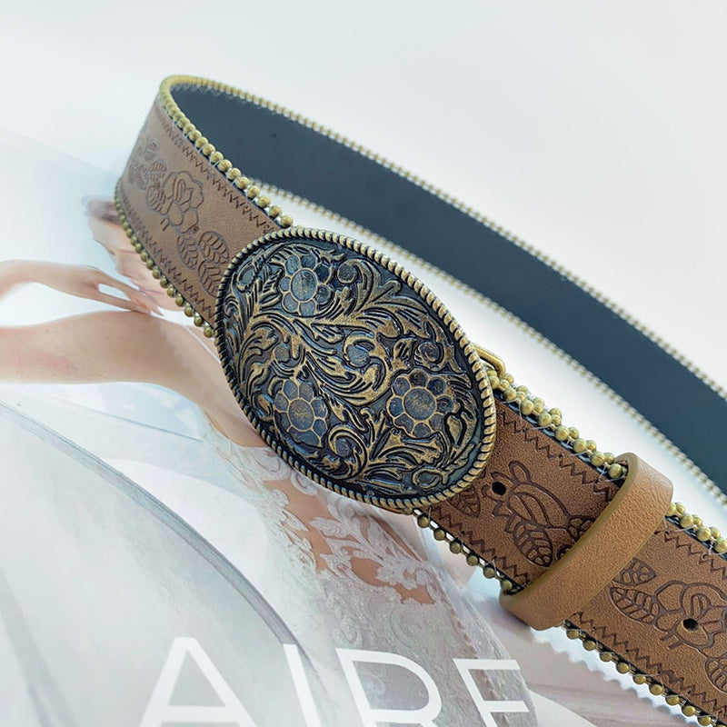 Retro Versatile Faux Leather Carved Brown Belt-consonak