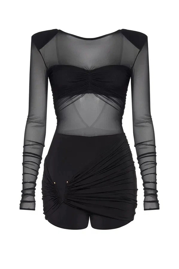 Sexy Mesh See-through Long-sleeved Backless Pleated Rompers-consonak