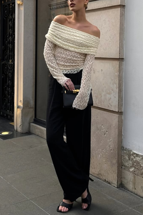 Solid Color Off-shoulder Long-sleeved Elegant Slim-fit Lace Top