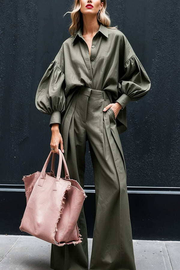 Solid Color Lapel Long-sleeved Loose Shirt and Casual Wide-leg Pants Set-consonak