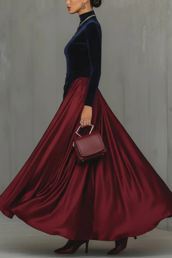 Velvet Color-blocked Casual High-neck Long-sleeved Slim-fit Maxi Dress