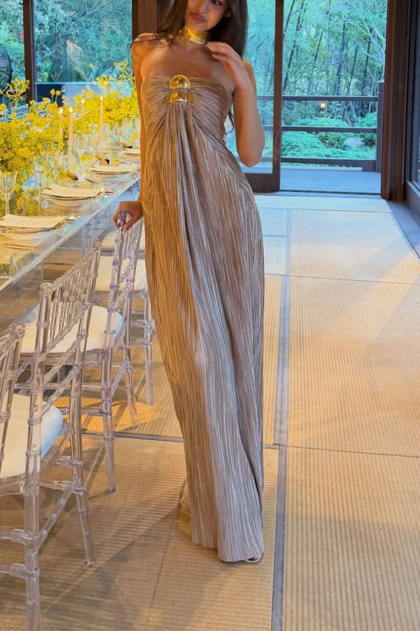 Golden Hour Metallic Pleated Strapless Maxi Dress-Consonak