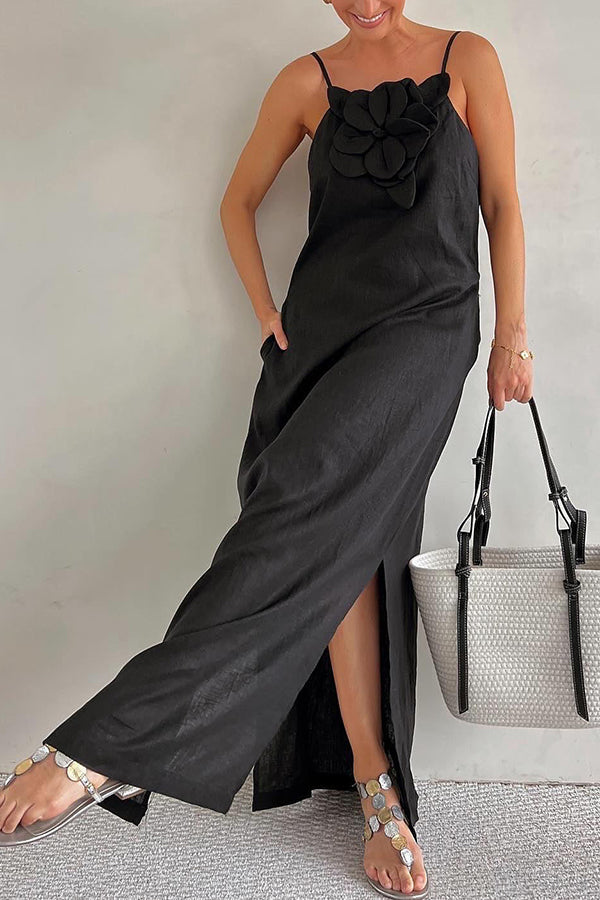 Vacay Ready Linen Blend Floral Embellishment Pocketed Slit Maxi Dress | Consonak