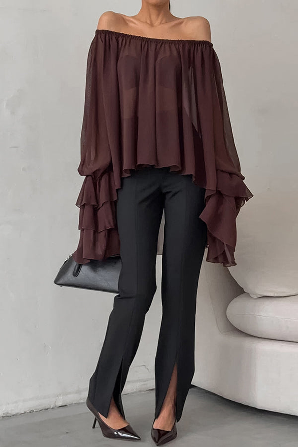 Solid Color Chiffon Off-shoulder Long-sleeved Loose Cover-up Top-consonak