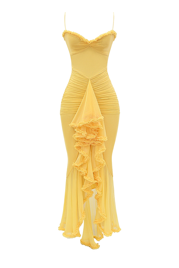 Retro Romantic Style Mesh Ruffle Trim Ruched Slit High Low Maxi Dress-consonak