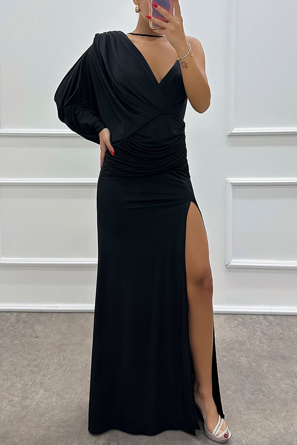Like Venus One Shoulder Bat Sleeve Ruched Detail Slit Gown Maxi Dress-consonak
