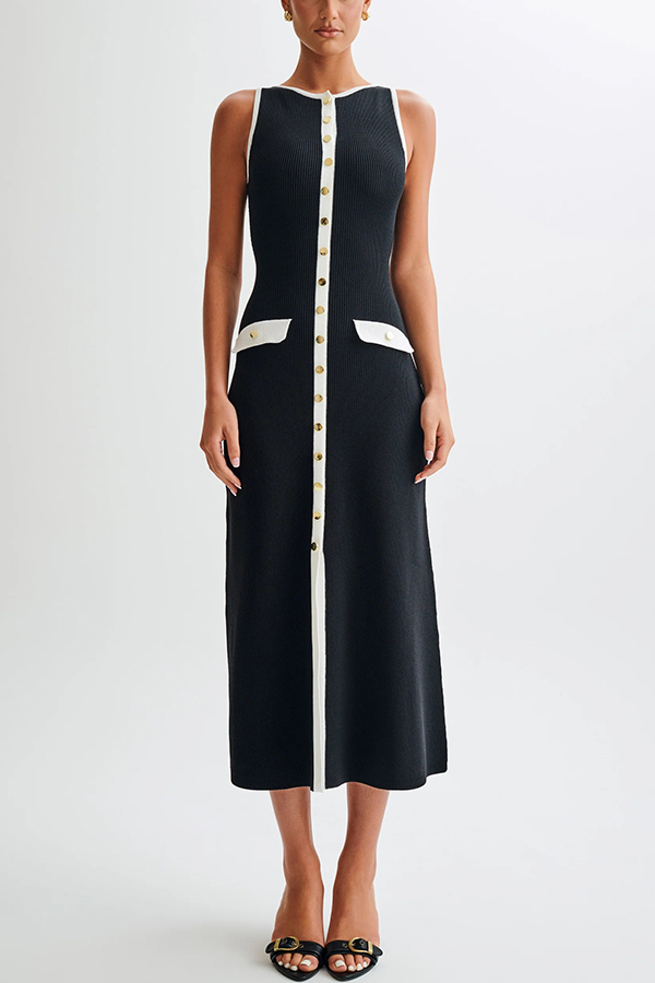Elegant Slim Fit Crew Neck Buttoned Sleeveless Knit Midi Dress-consonak