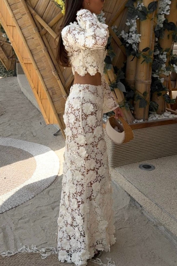 Stylish Long-sleeved Backless Lace Top and Elegant Openwork Maxi Fishtail Skirt Set | Consonak